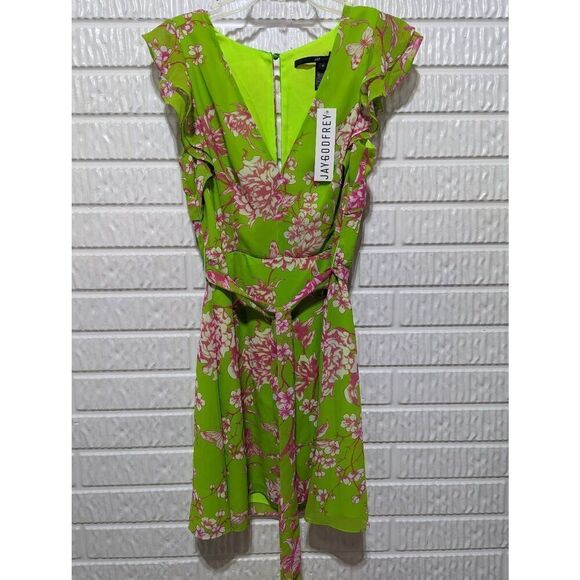 Jay Godfrey Women's Lime Green Pink Floral Mini Belted Wrap Style Dress 10 NWT - Picture 1 of 7